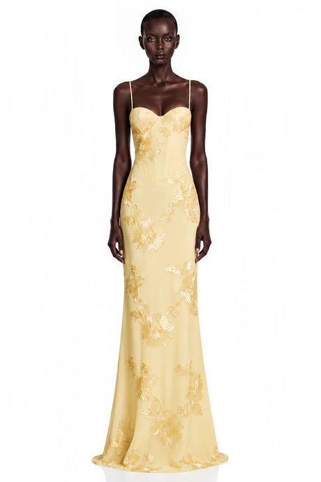 Mariangela Maxi Dress Yellow Floral Appliqué Corset