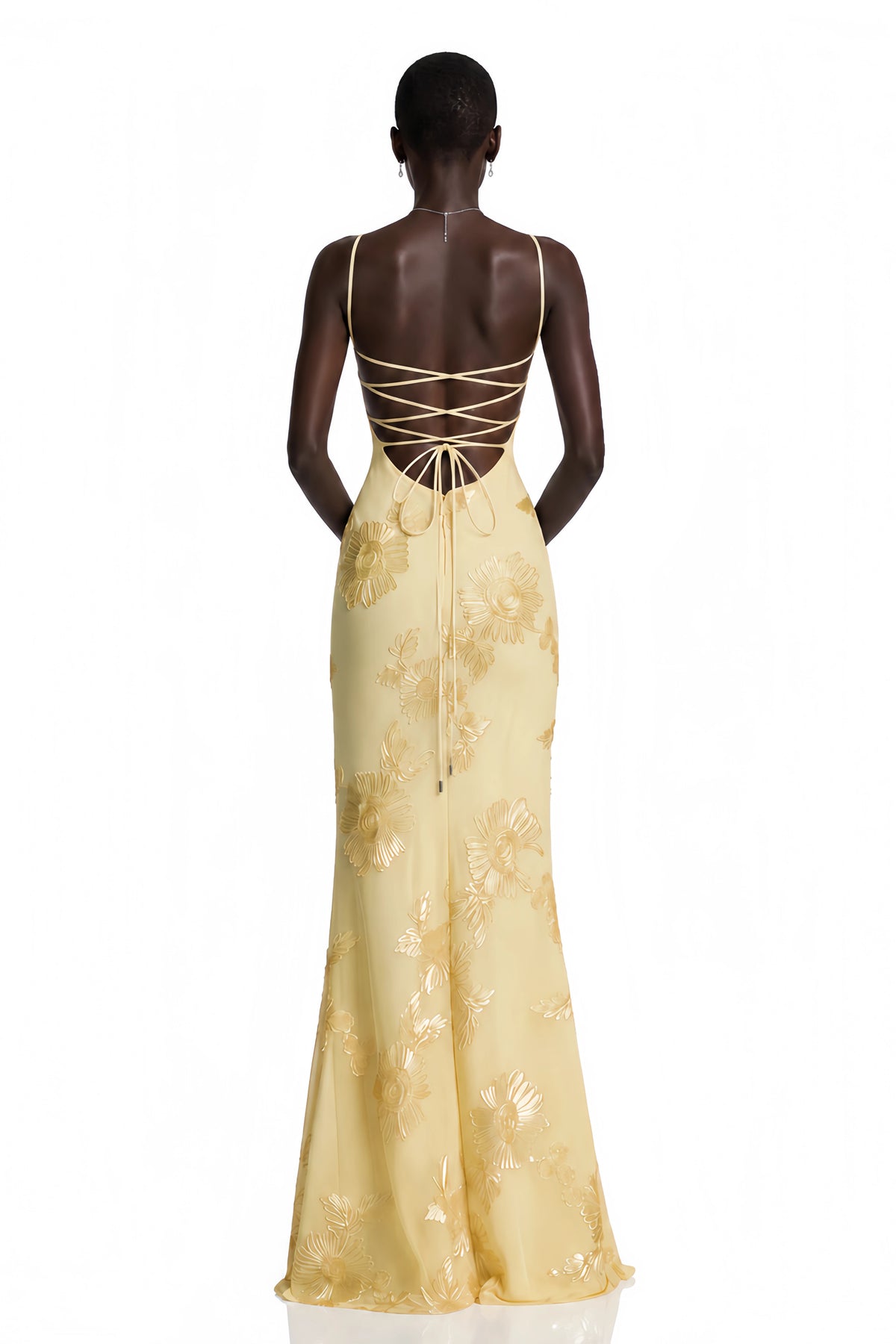 Théoline Yellow Floral Appliqué Corset Maxi Dress