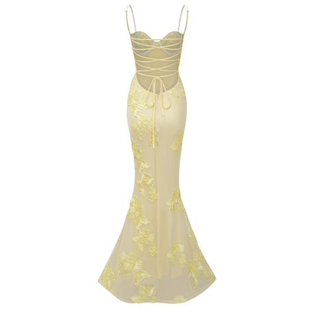 Mariangela Maxi Dress Yellow Floral Appliqué Corset