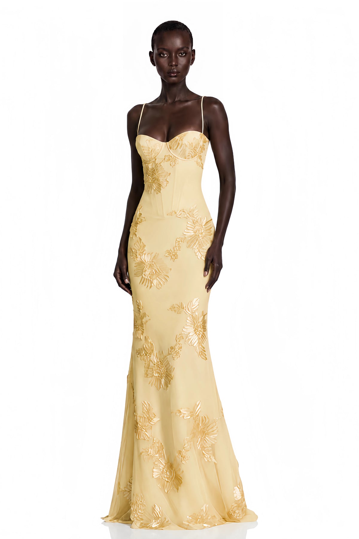 Théoline Yellow Floral Appliqué Corset Maxi Dress