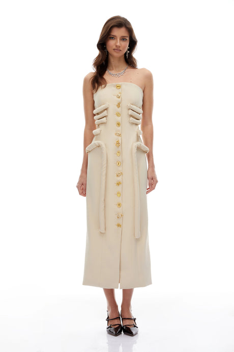 Raegan Midi Dress Neutral Strapless Decorative Button