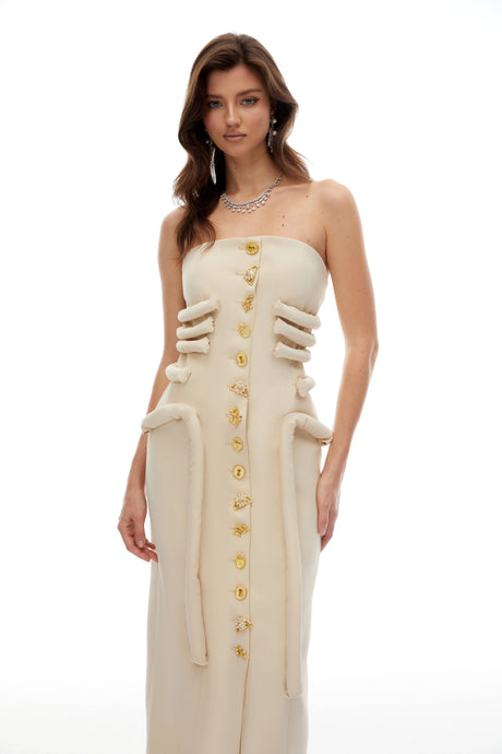 Raegan Midi Dress Neutral Strapless Decorative Button