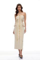 Thera Neutral Strapless Decorative Button Midi Dress