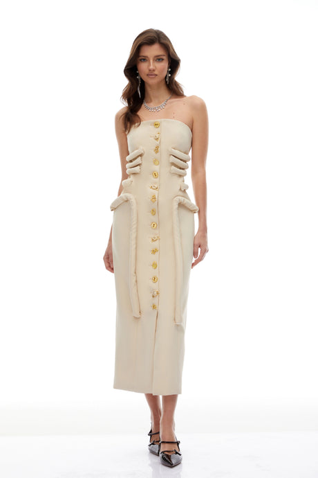 Raegan Midi Dress Neutral Strapless Decorative Button