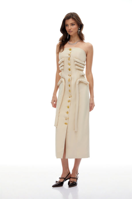 Raegan Midi Dress Neutral Strapless Decorative Button