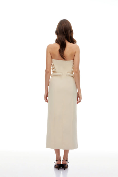 Raegan Midi Dress Neutral Strapless Decorative Button