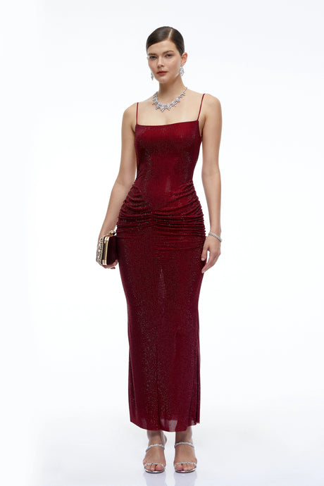Tersilla Maxi Dress Burgundy Rhinestone Ruched