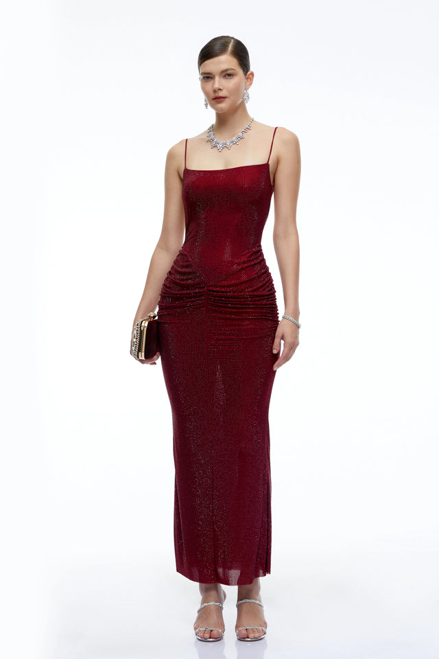 Theresa Burgundy Rhinestone Ruched Maxi Dress