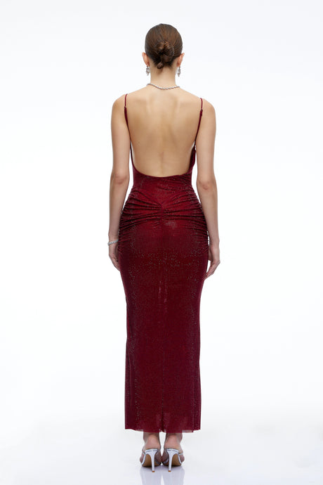 Tersilla Maxi Dress Burgundy Rhinestone Ruched
