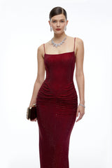 Theresa Burgundy Rhinestone Ruched Maxi Dress