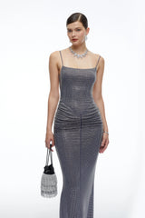 Theresa Grey Rhinestone Ruched Maxi Dress