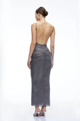 Theresa Grey Rhinestone Ruched Maxi Dress