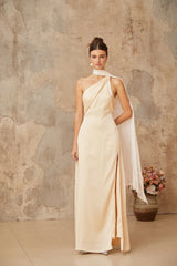Thérèse neutral scarfdesign satin maxi dress