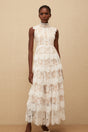 Thérèse White Embellished Floral Lace Tiered Maxi Dress