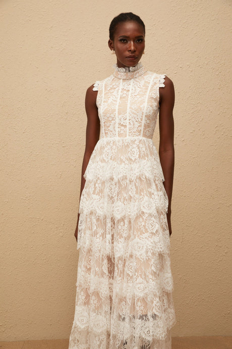 Jocelyn Maxi Dress White Embellished Floral Lace Tiered