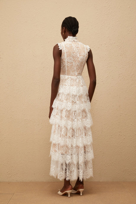 Jocelyn Maxi Dress White Embellished Floral Lace Tiered