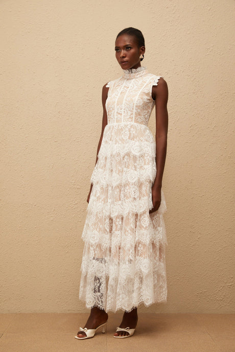 Jocelyn Maxi Dress White Embellished Floral Lace Tiered