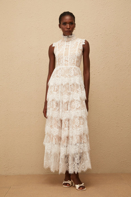 Jocelyn Maxi Dress White Embellished Floral Lace Tiered