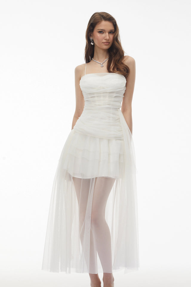 Thisbe White Asymmetrical Mesh Maxi Dress