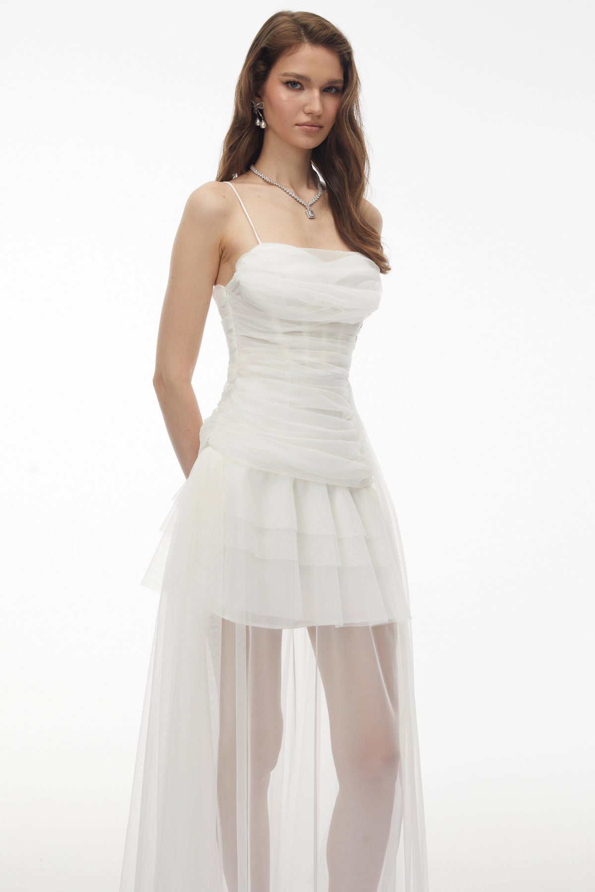 Thisbe White Asymmetrical Mesh Maxi Dress