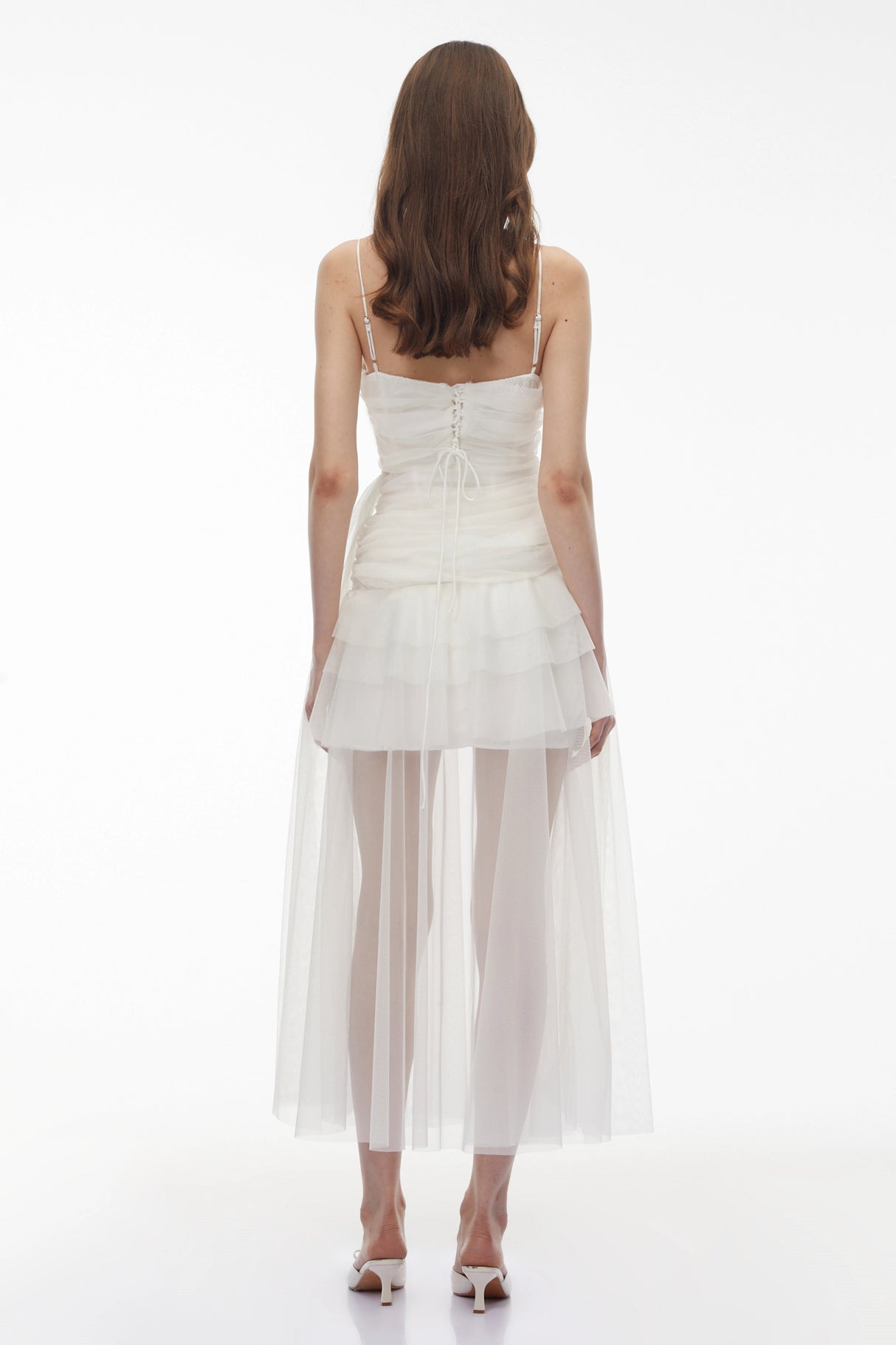 Thisbe White Asymmetrical Mesh Maxi Dress