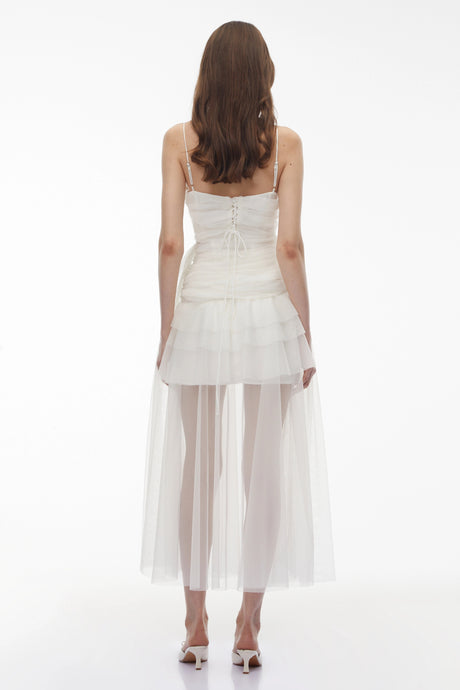 Delizia Maxi Dress White Asymmetrical Mesh