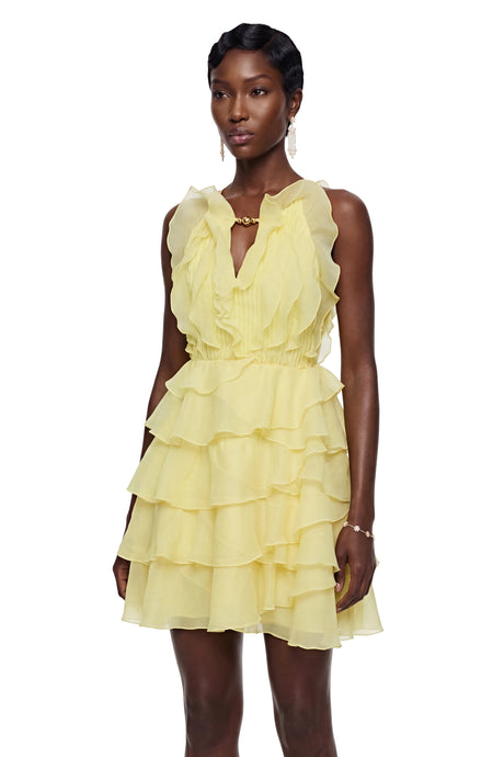 Nicole Mini Dress Pale Yellow Halterneck Ruffled