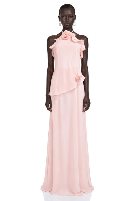 Thulisile Maxi Dress Pink Chiffon with 3D Florals