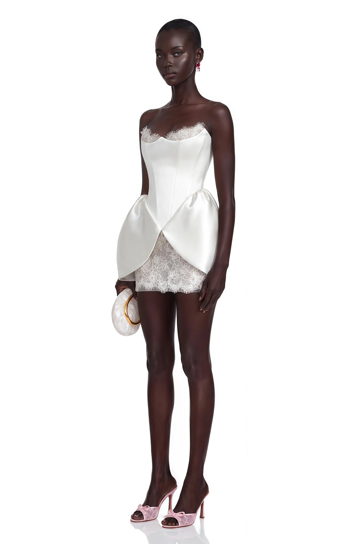 Tiphaine White Sweetheart Lace Ruffled Mini Dress