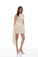 Torben Cream White Textured Tiered Mini Dress