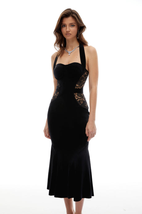 Gwendolyn Midi Dress Black Lace Panel Velvet