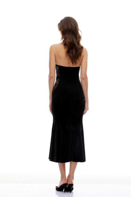 Gwendolyn Midi Dress Black Lace Panel Velvet