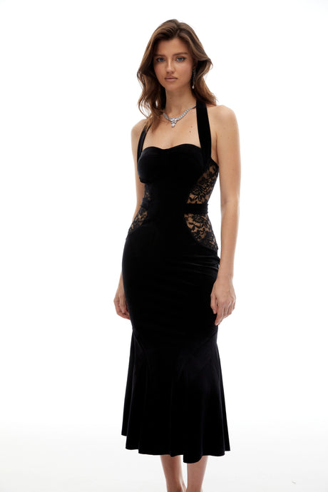 Gwendolyn Midi Dress Black Lace Panel Velvet
