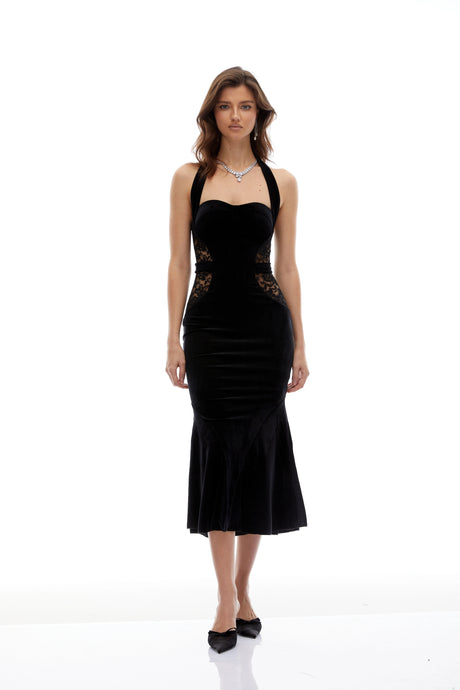 Gwendolyn Midi Dress Black Lace Panel Velvet