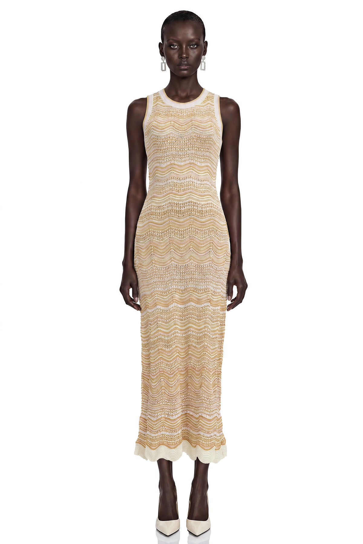 Tracy Cream Zigzag Weave Round Neck Maxi Dress