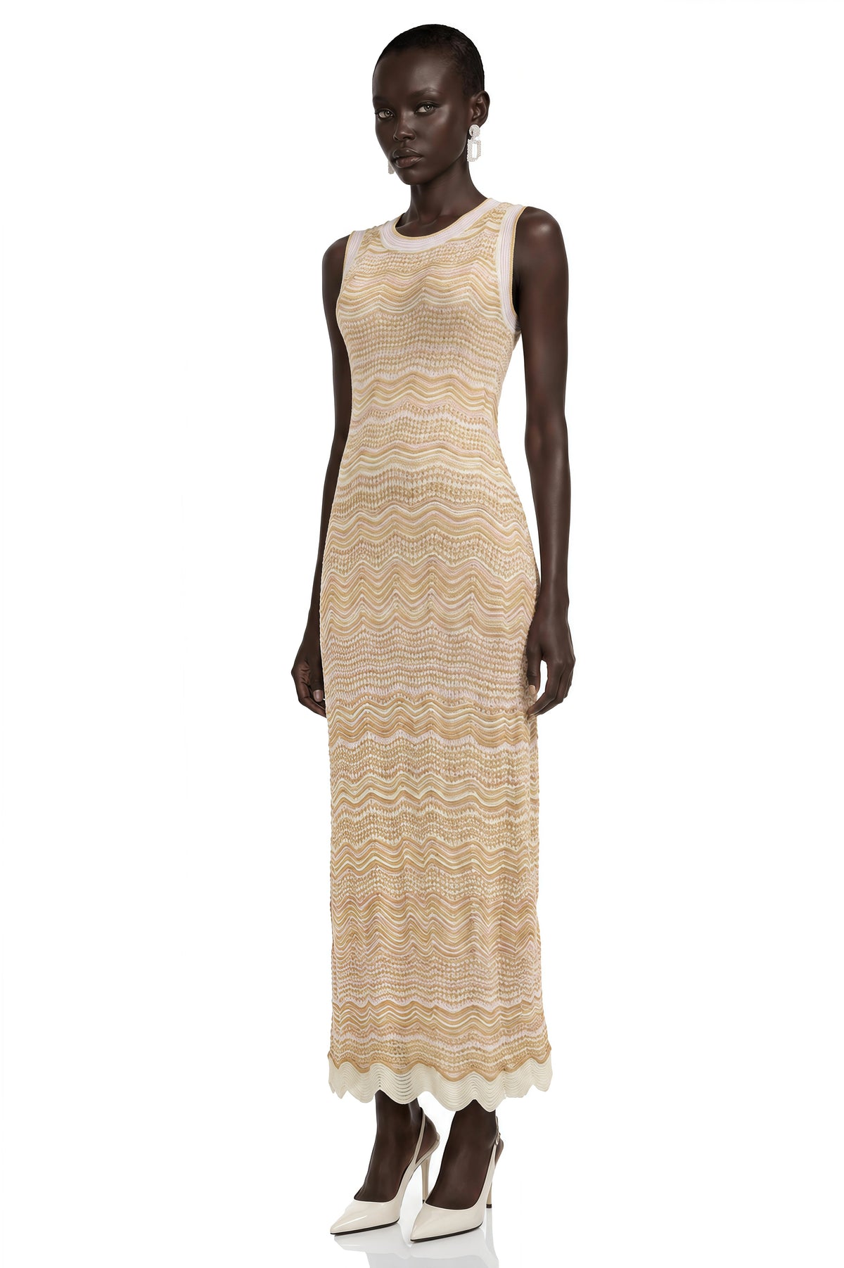Tracy Cream Zigzag Weave Round Neck Maxi Dress