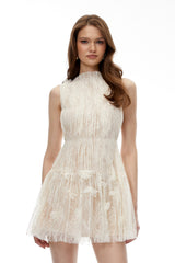 Tullia Neutral Ruched Lace Mini Dress with 3D Florals