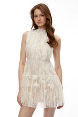 Tullia Neutral Ruched Lace Mini Dress with 3D Florals
