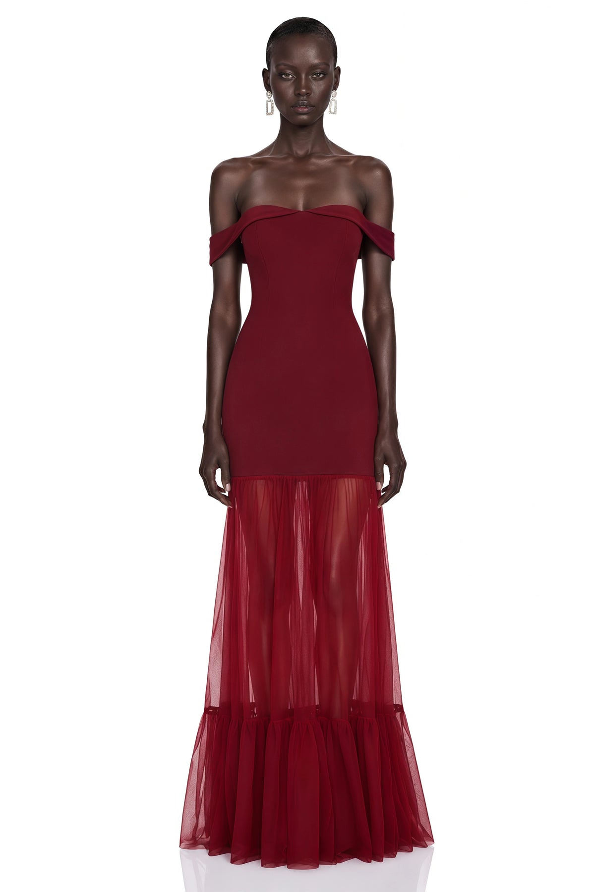 Tupou Burgundy Off Shoulder SemiSheer Maxi Dress