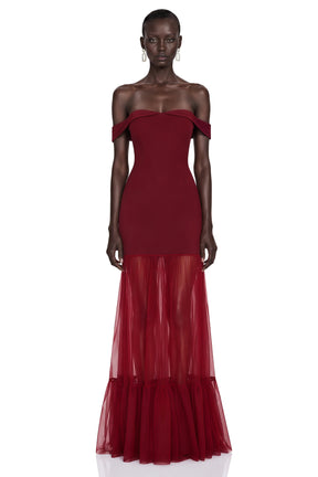 Tupou Burgundy Off Shoulder SemiSheer Maxi Dress