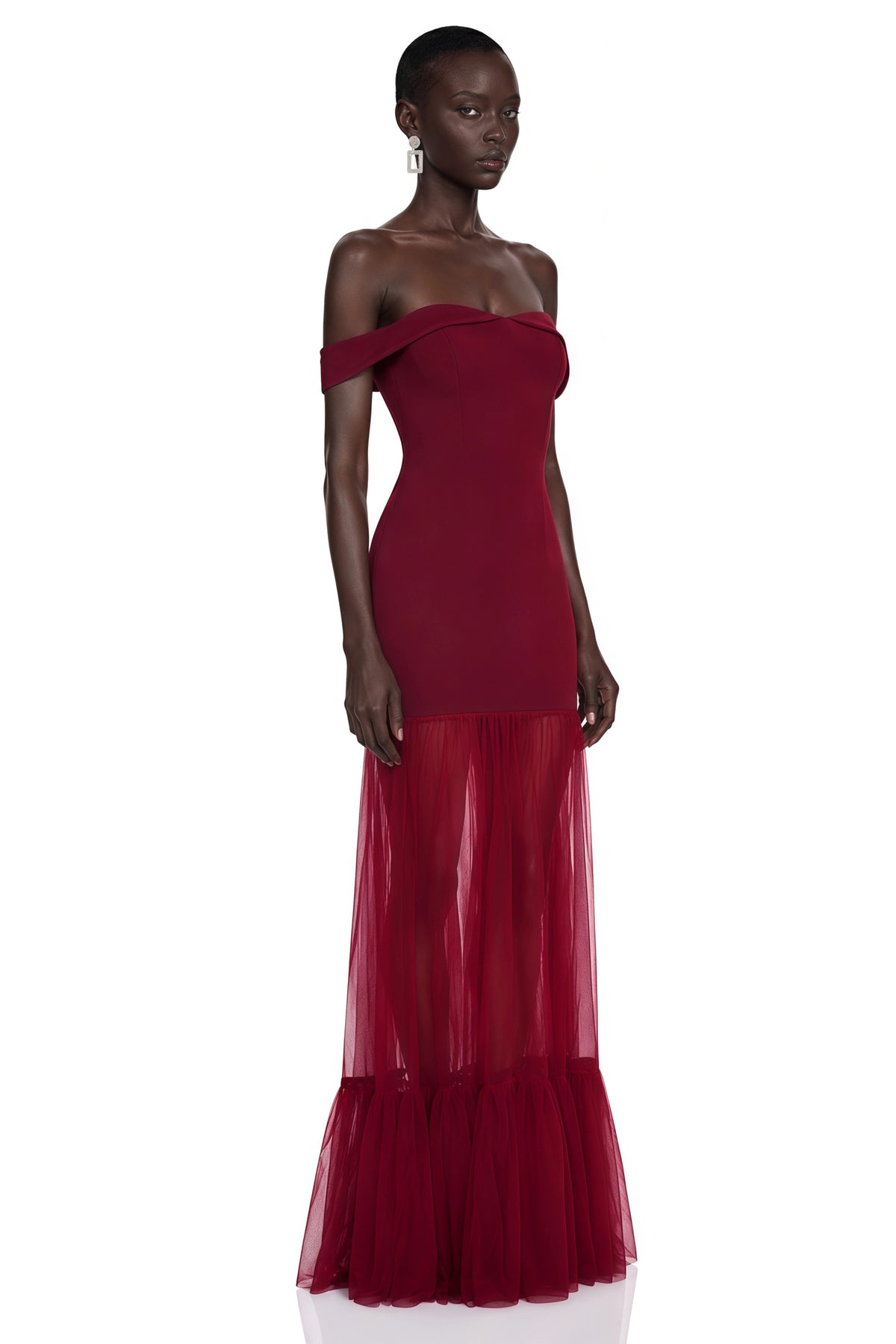 Tupou Burgundy Off Shoulder SemiSheer Maxi Dress