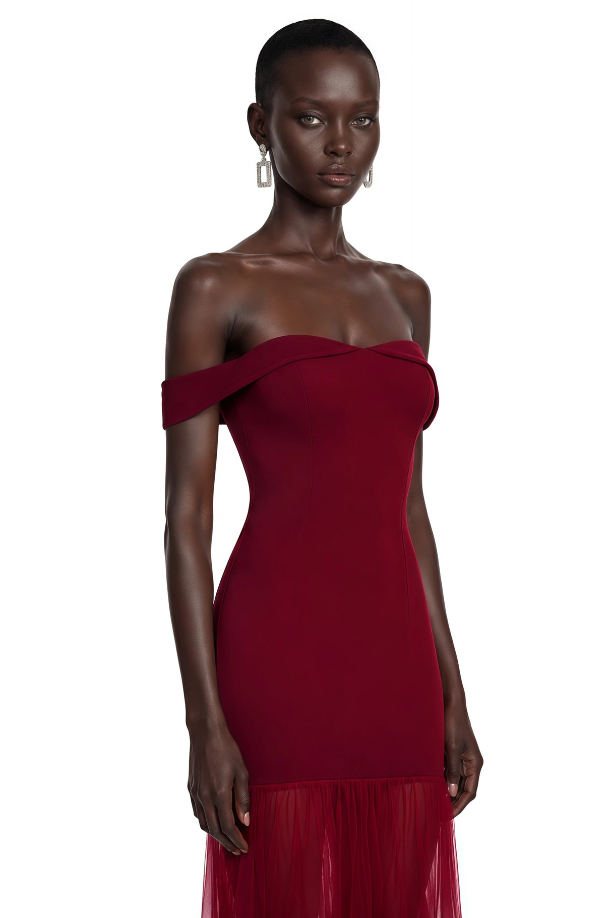Tupou Burgundy Off Shoulder SemiSheer Maxi Dress