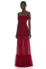 Tupou Burgundy Off Shoulder SemiSheer Maxi Dress