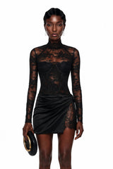 Turid Black Satin Mini Dress with Floral Lace Panels