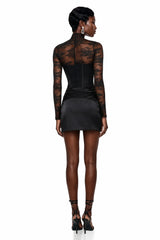 Turid Black Satin Mini Dress with Floral Lace Panels
