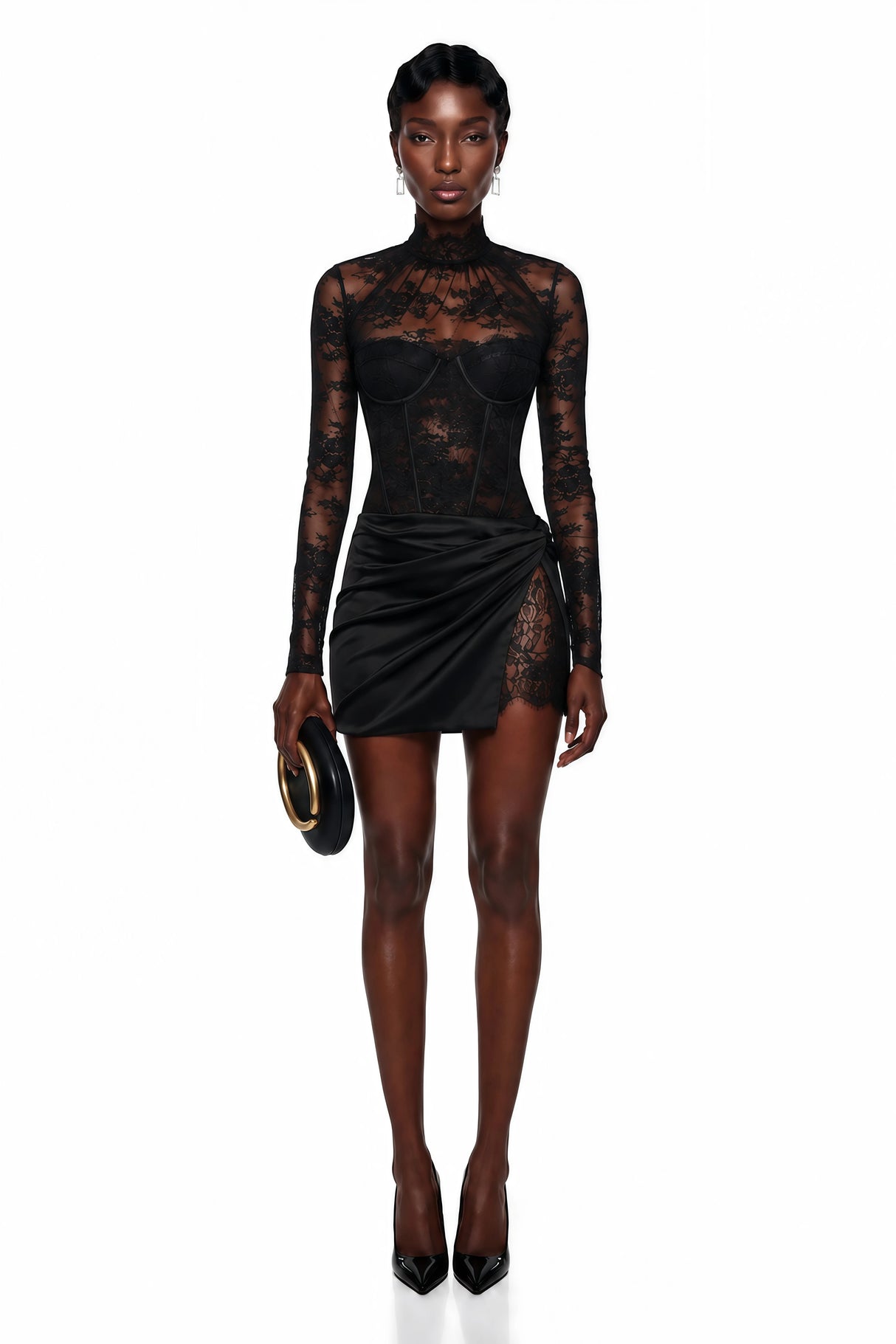 Turid Black Satin Mini Dress with Floral Lace Panels
