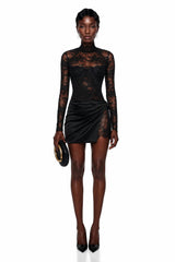Turid Black Satin Mini Dress with Floral Lace Panels