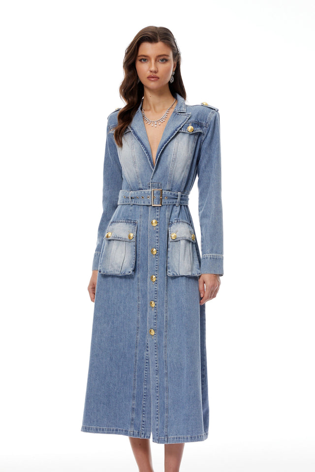 Tyra Blue Faded Denim Maxi Dress