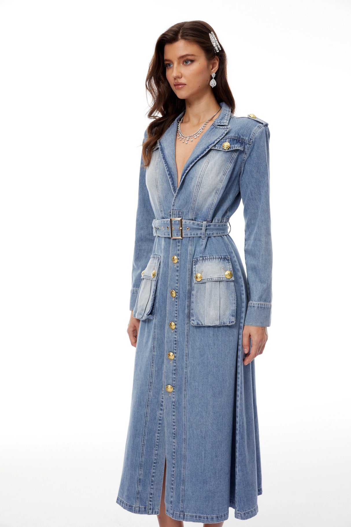 Tyra Blue Faded Denim Maxi Dress