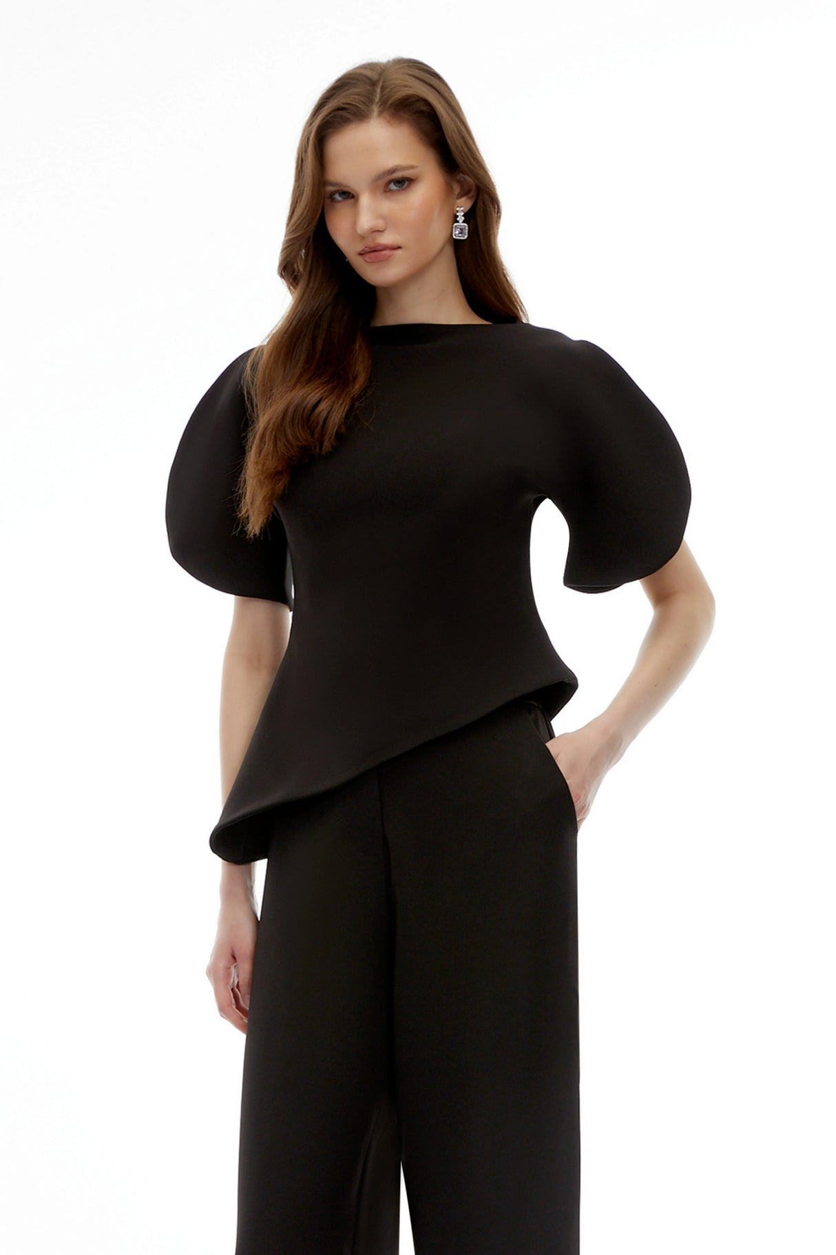Uliana Black Puff Sleeve Top  Trousers Set